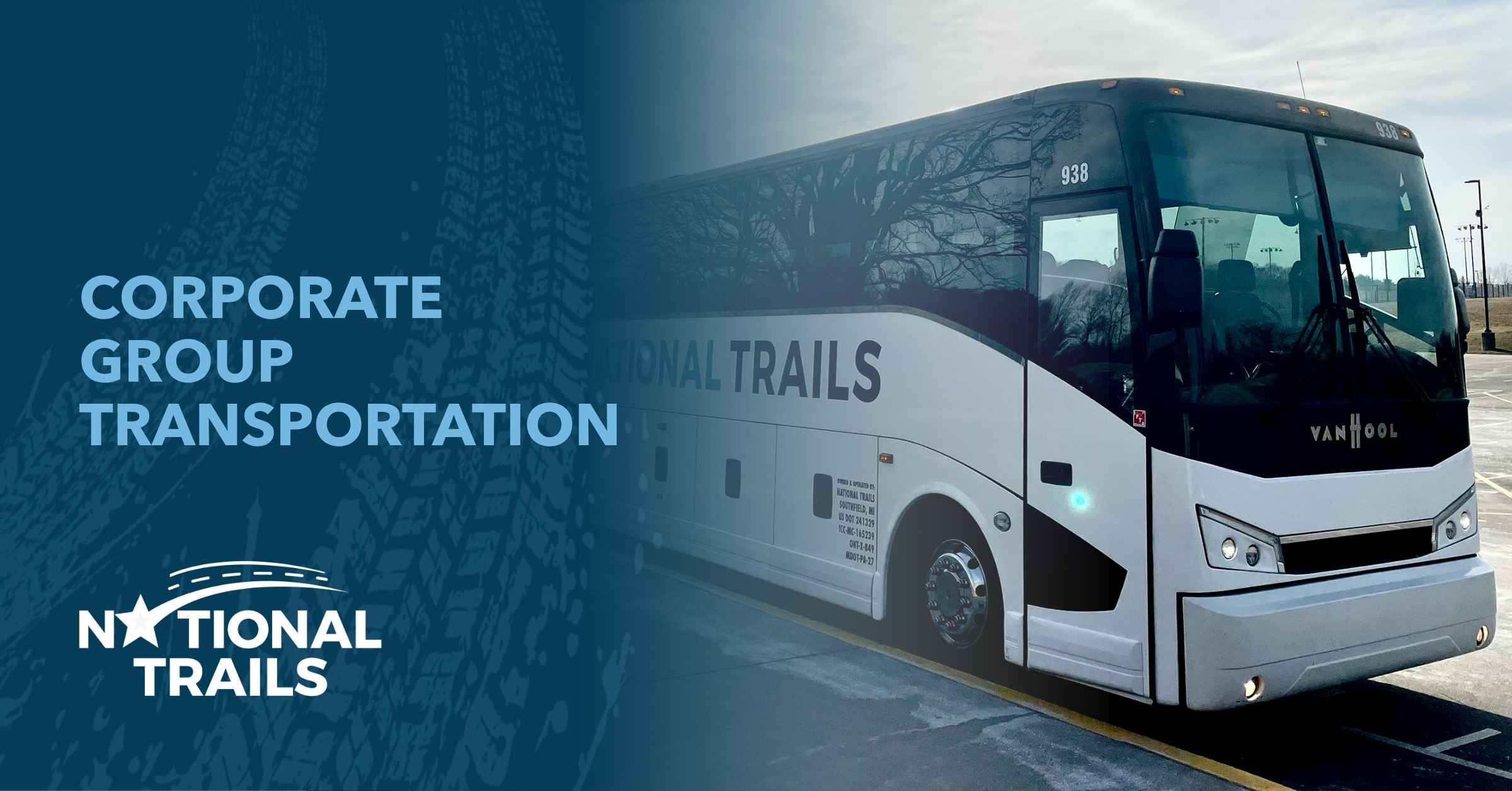 Promotional graphic for National Trails corporate group transportation, featuring a black and white charter bus parked in a lot beside bold text reading “Corporate Group Transportation” on a dark teal background.